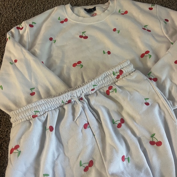 Women’s Cherry Print Pajama Set - White with Red Cherries - Picture 2 of 3